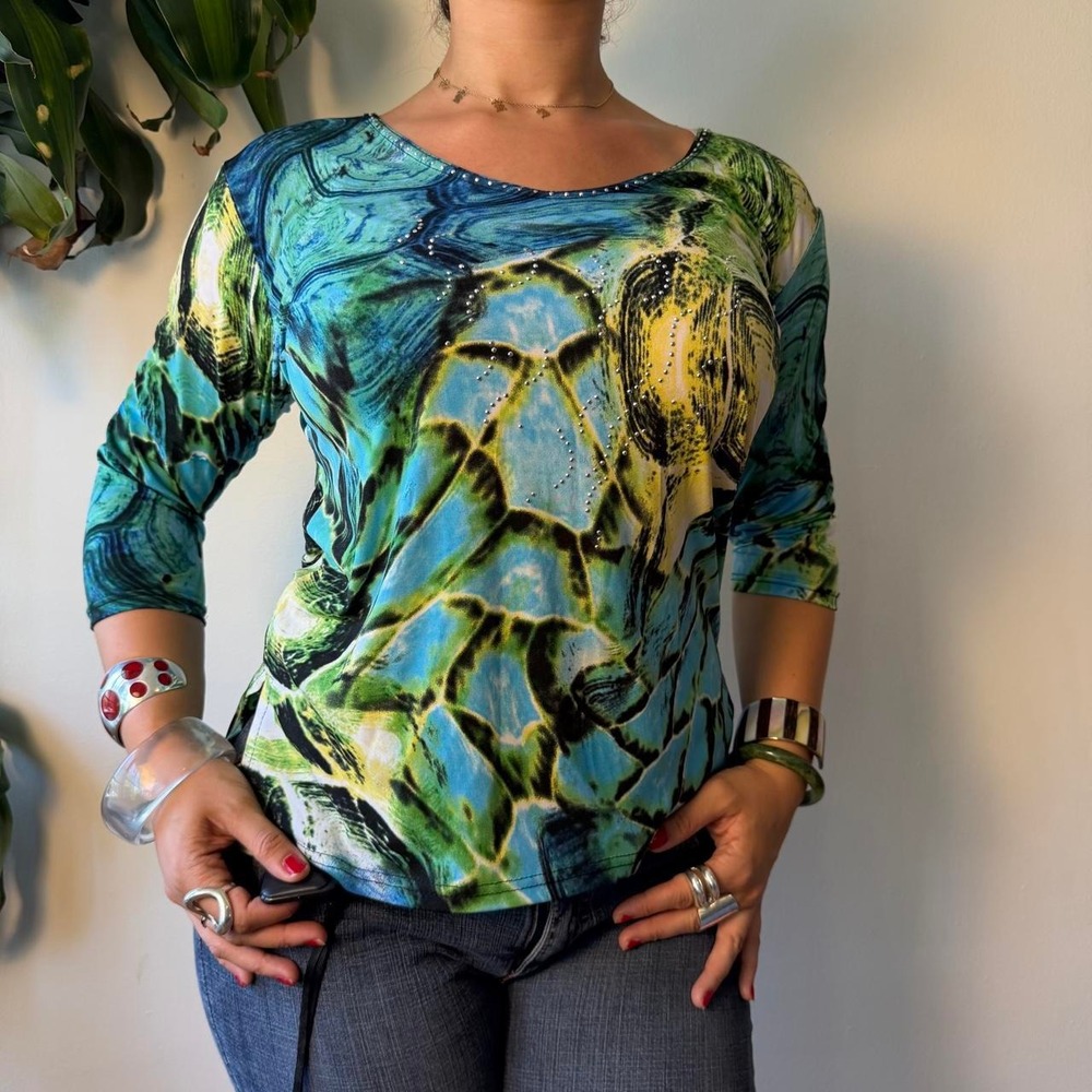 Valentina 90s Y2K Abstract Teal Beaded Sequin 3/4 Sleeve Top Medium